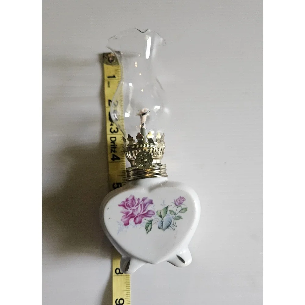 Vintage Heart Shaped Porcelain Oil Lamp cottagecore décor Floral crystal Chimney